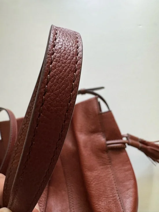 Fossil Women's  Rayna Drawstring Tassel Cognac Leather Crossbody Bucket Bag - Picture 5 of 7